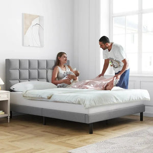 Queen Bed Frame Upholstered Platform With Headboard and Strong Wooden Slats Easy Assembly No Box Spring Needed Light Gray NEWFURNITURELOOKS