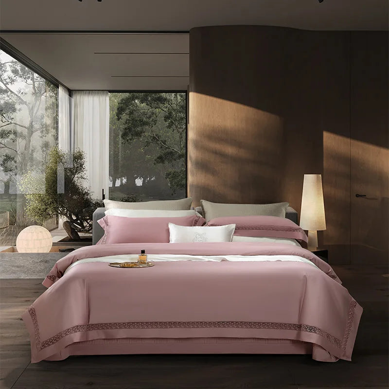 4Pcs Luxury 1000TC Egyptian Cotton White Hotel Style Bedding Set Hollow Wide Edge Duvet Cover Bed Sheet Fitted Sheet Pillowcases NEWFURNITURELOOKS