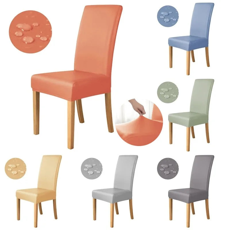 1pc Pu Leather Chair Cover Waterproof Oilproof Dining Chair Case Stretch Solid Color Seat Slipcover for Living Room Kitchen Home NEWFURNITURELOOKS