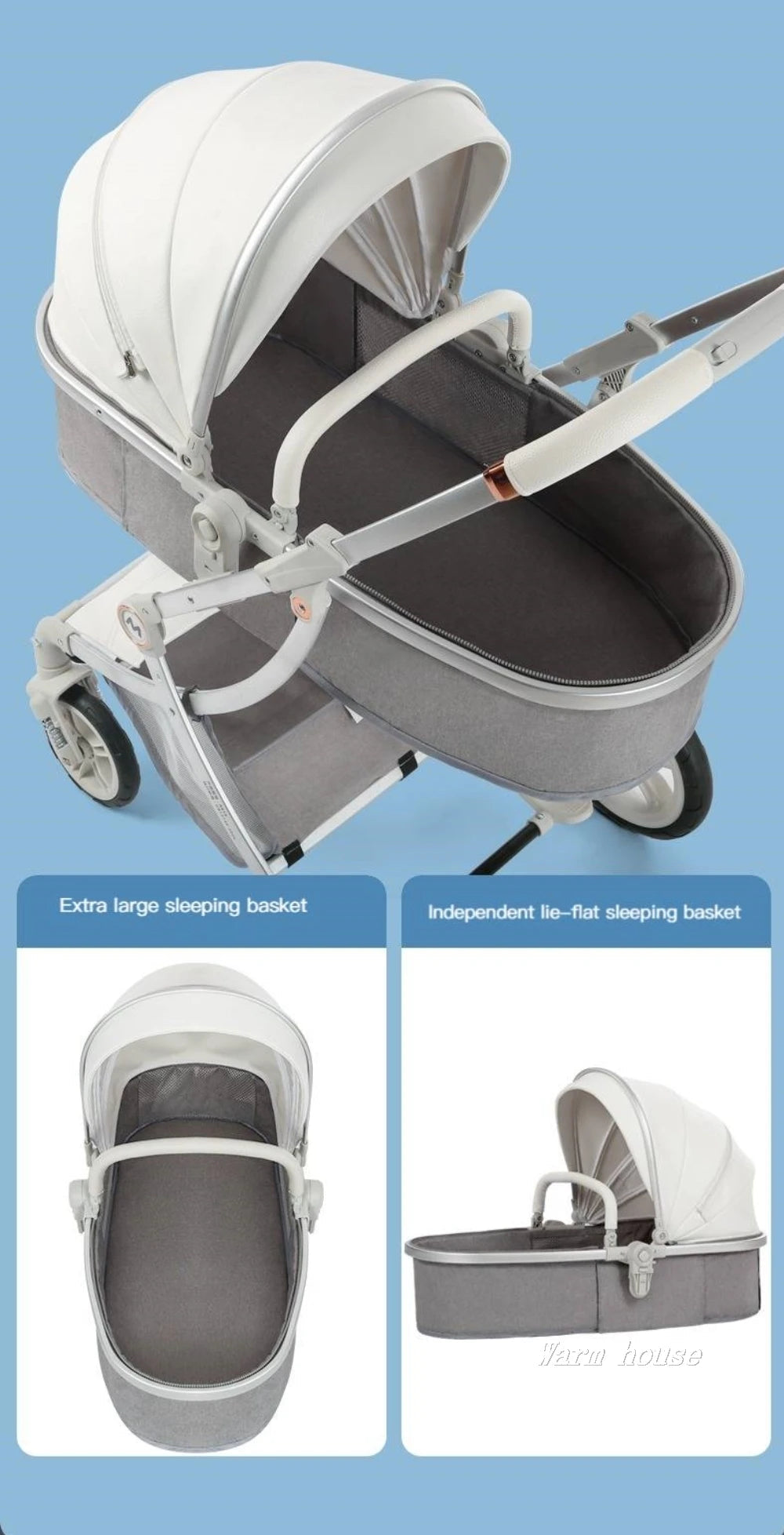 New Luxury Baby Stroller 3 In 1,Baby Carriage with Car Seat,Eggshell Newborn Baby Stroller Leather Baby Carriage High Landscape NEWFURNITURELOOKS