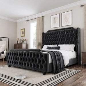Large Platform Bed Frame with 54" High Wing Back Headboard and Deep Button Tufted Footboards, Cream Color NEWFURNITURELOOKS