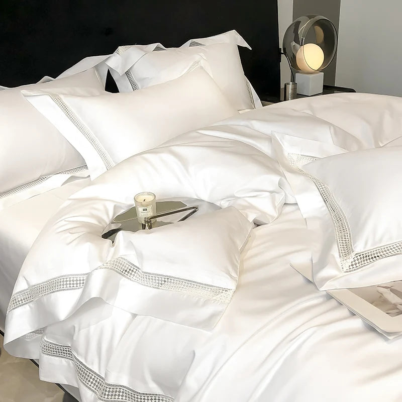 4Pcs Luxury 1000TC Egyptian Cotton White Hotel Style Bedding Set Hollow Wide Edge Duvet Cover Bed Sheet Fitted Sheet Pillowcases NEWFURNITURELOOKS