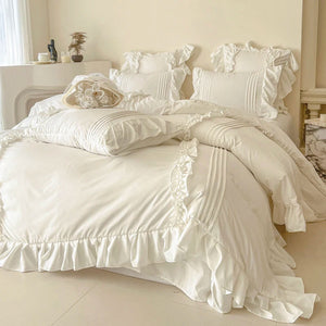 Korean Princess Style Lace Ruffles Bedding Set Solid Color Duvet Cover Set Flat/Fitted Bed Sheet Pillowcases With Pillowcases NEWFURNITURELOOKS