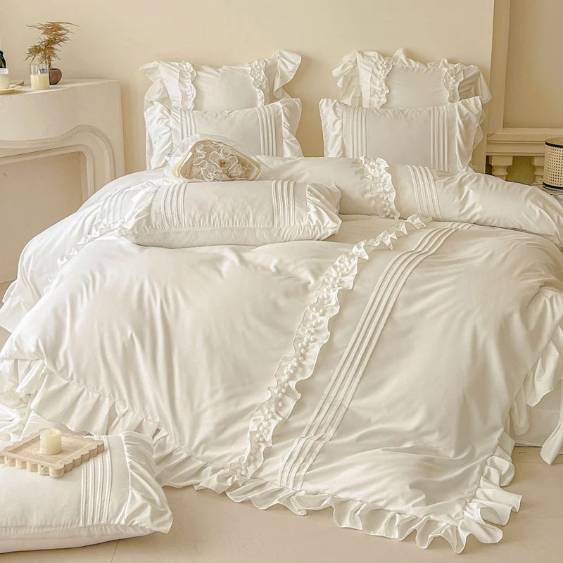 Korean Princess Style Lace Ruffles Bedding Set Solid Color Duvet Cover Set Flat/Fitted Bed Sheet Pillowcases With Pillowcases NEWFURNITURELOOKS