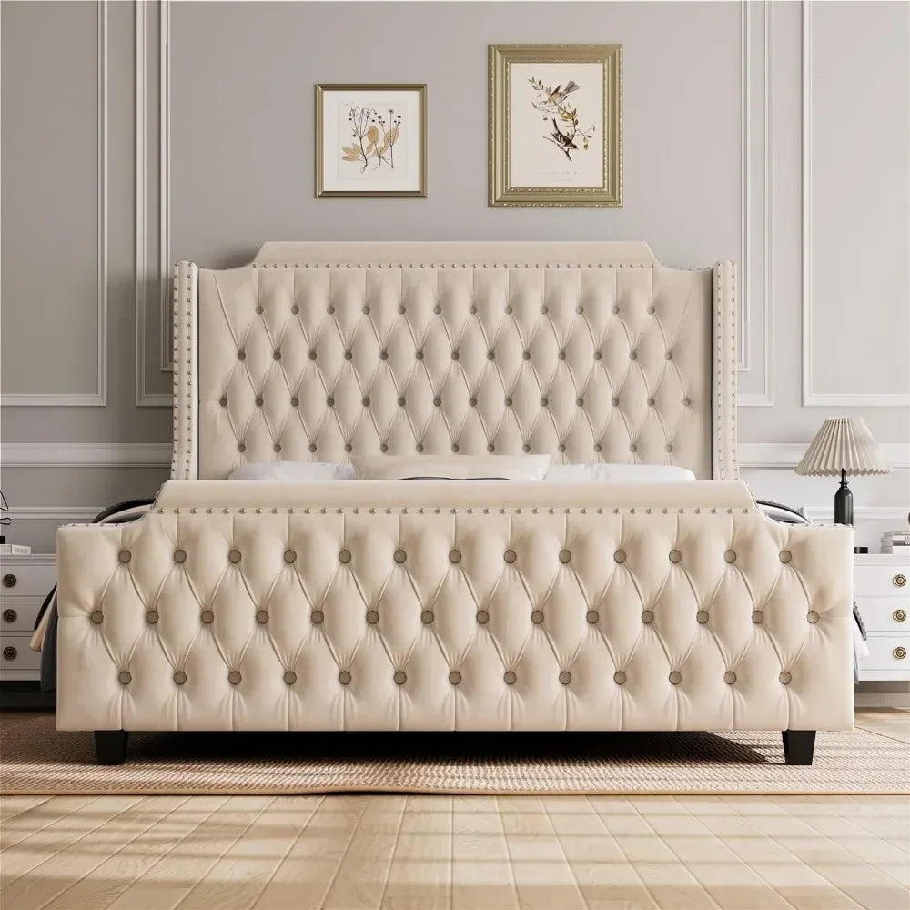 Large Platform Bed Frame with 54" High Wing Back Headboard and Deep Button Tufted Footboards, Cream Color NEWFURNITURELOOKS