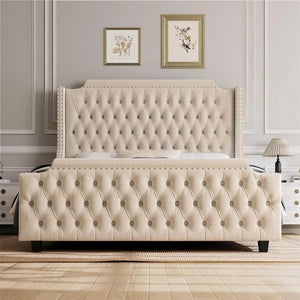 Large Platform Bed Frame with 54" High Wing Back Headboard and Deep Button Tufted Footboards, Cream Color NEWFURNITURELOOKS