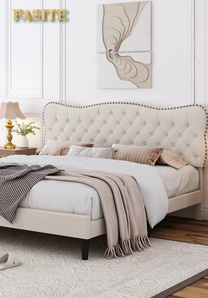 Large Platform Bed Frame with 54" High Wing Back Headboard and Deep Button Tufted Footboards, Cream Color NEWFURNITURELOOKS