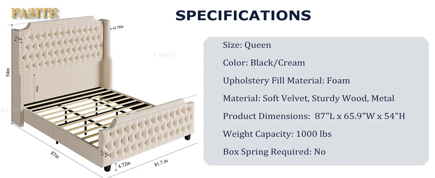 Large Platform Bed Frame with 54" High Wing Back Headboard and Deep Button Tufted Footboards, Cream Color NEWFURNITURELOOKS