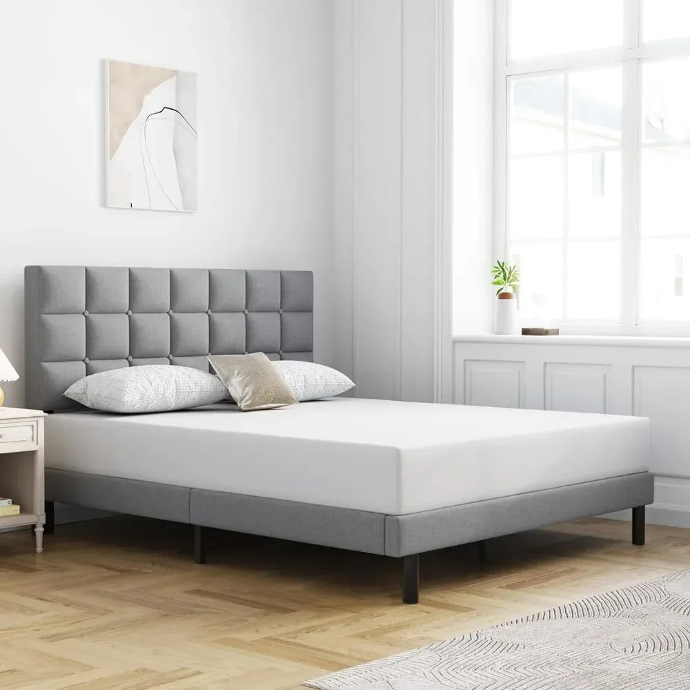Queen Bed Frame Upholstered Platform With Headboard and Strong Wooden Slats Easy Assembly No Box Spring Needed Light Gray NEWFURNITURELOOKS