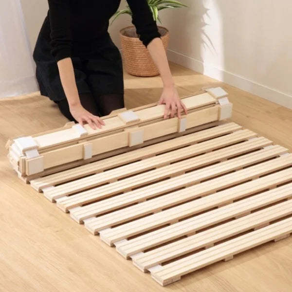Japanese Style Wooden Roll-Up Slatted Bed – Traditional Tatami Platform Bed Frame, Foldable & Space-Saving Design, Natural Wood NEWFURNITURELOOKS