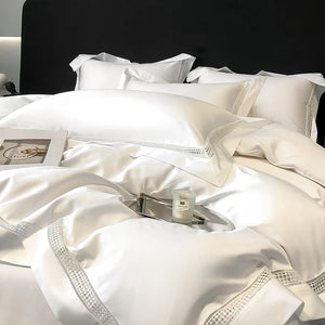 4Pcs Luxury 1000TC Egyptian Cotton White Hotel Style Bedding Set Hollow Wide Edge Duvet Cover Bed Sheet Fitted Sheet Pillowcases NEWFURNITURELOOKS