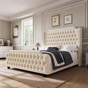 Large Platform Bed Frame with 54" High Wing Back Headboard and Deep Button Tufted Footboards, Cream Color NEWFURNITURELOOKS