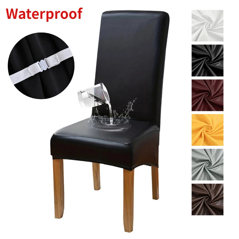 Elastic PU Leather Waterproof Chair Cover Anti-dirty Thickened Hotel Banquet Dining High Back Chair Covers XL Size Seat Cover NEWFURNITURELOOKS