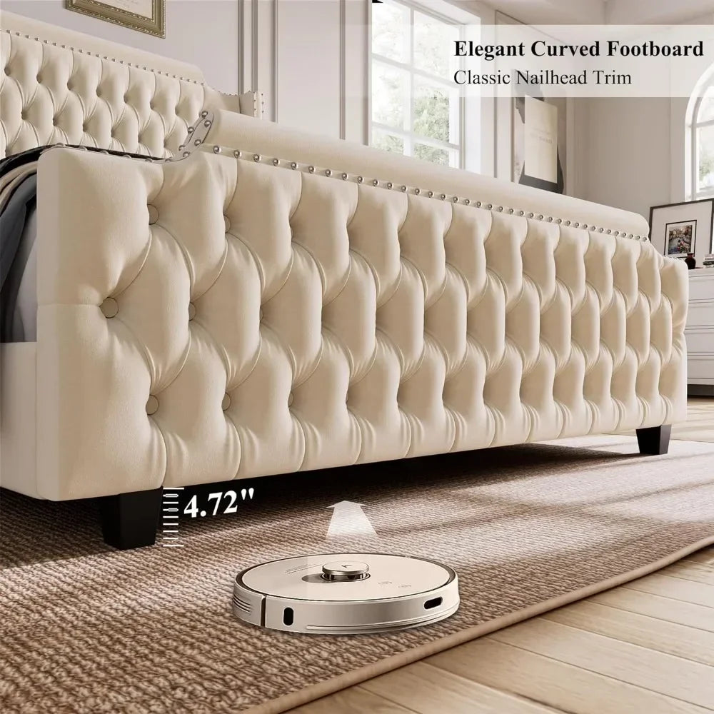 Large Platform Bed Frame with 54" High Wing Back Headboard and Deep Button Tufted Footboards, Cream Color NEWFURNITURELOOKS