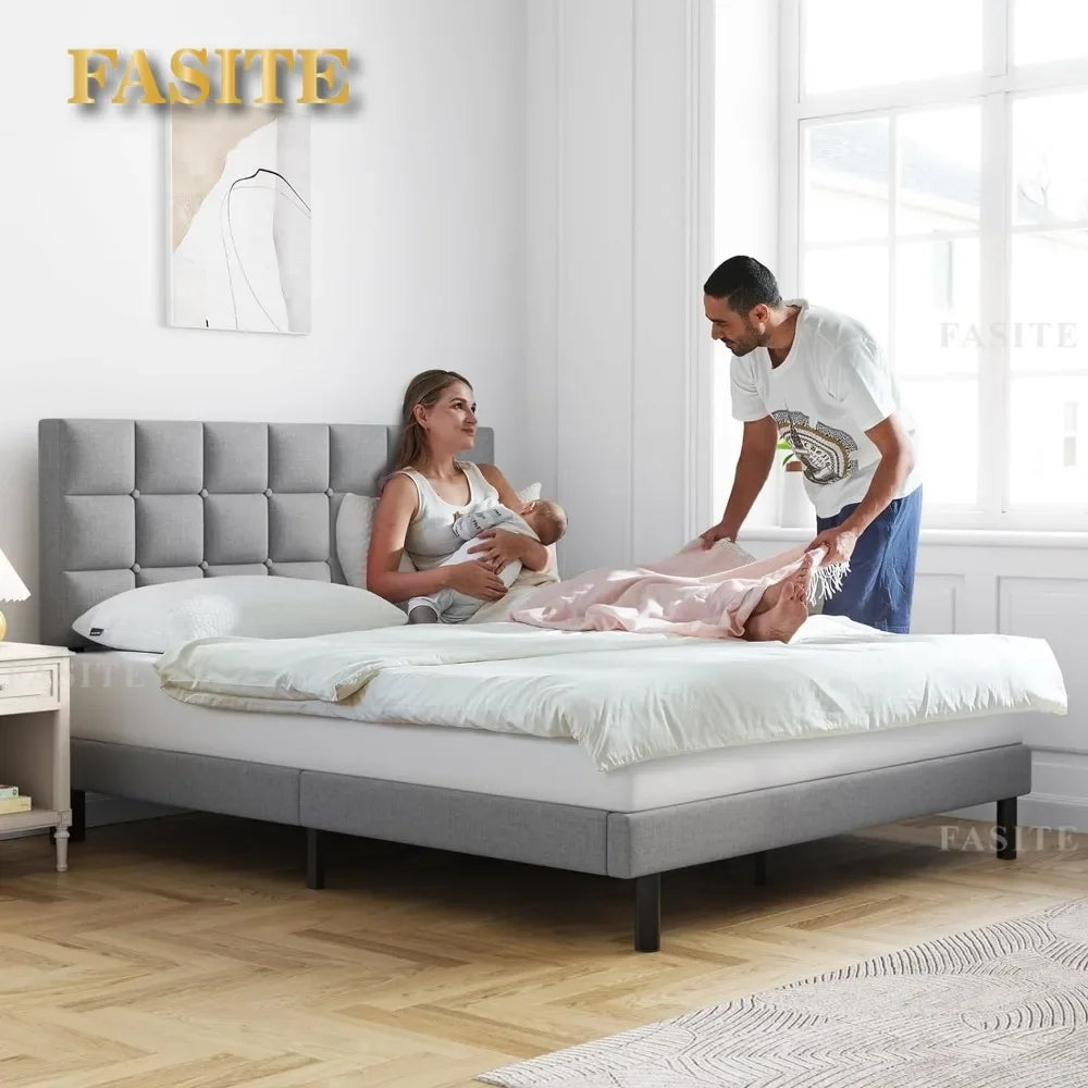 Queen Bed Frame Upholstered Platform With Headboard and Strong Wooden Slats Easy Assembly No Box Spring Needed Light Gray NEWFURNITURELOOKS