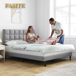 Queen Bed Frame Upholstered Platform With Headboard and Strong Wooden Slats Easy Assembly No Box Spring Needed Light Gray NEWFURNITURELOOKS