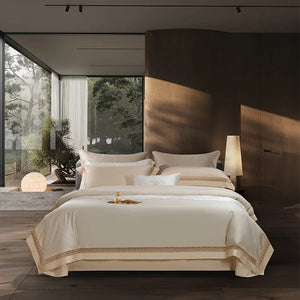 4Pcs Luxury 1000TC Egyptian Cotton White Hotel Style Bedding Set Hollow Wide Edge Duvet Cover Bed Sheet Fitted Sheet Pillowcases NEWFURNITURELOOKS