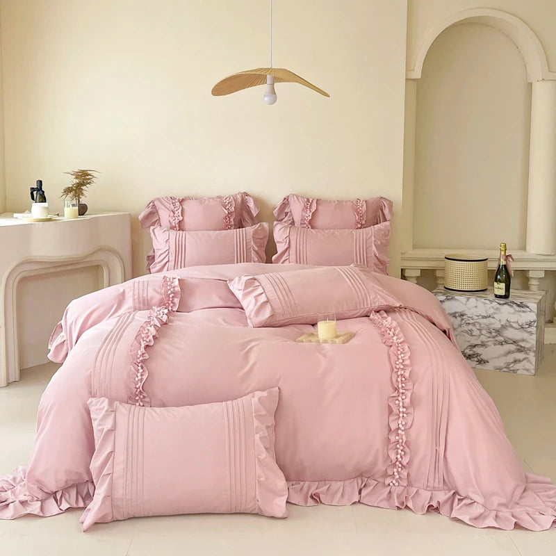 Korean Princess Style Lace Ruffles Bedding Set Solid Color Duvet Cover Set Flat/Fitted Bed Sheet Pillowcases With Pillowcases NEWFURNITURELOOKS