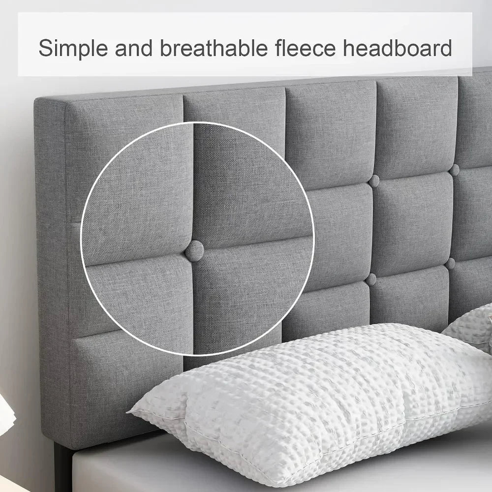 Queen Bed Frame Upholstered Platform With Headboard and Strong Wooden Slats Easy Assembly No Box Spring Needed Light Gray NEWFURNITURELOOKS