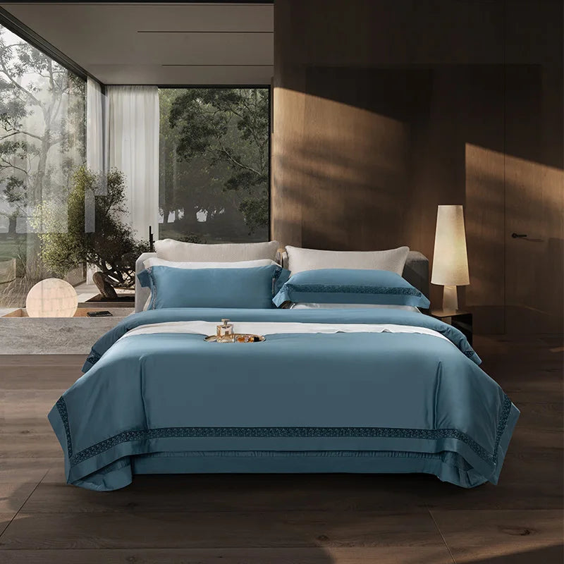 4Pcs Luxury 1000TC Egyptian Cotton White Hotel Style Bedding Set Hollow Wide Edge Duvet Cover Bed Sheet Fitted Sheet Pillowcases NEWFURNITURELOOKS