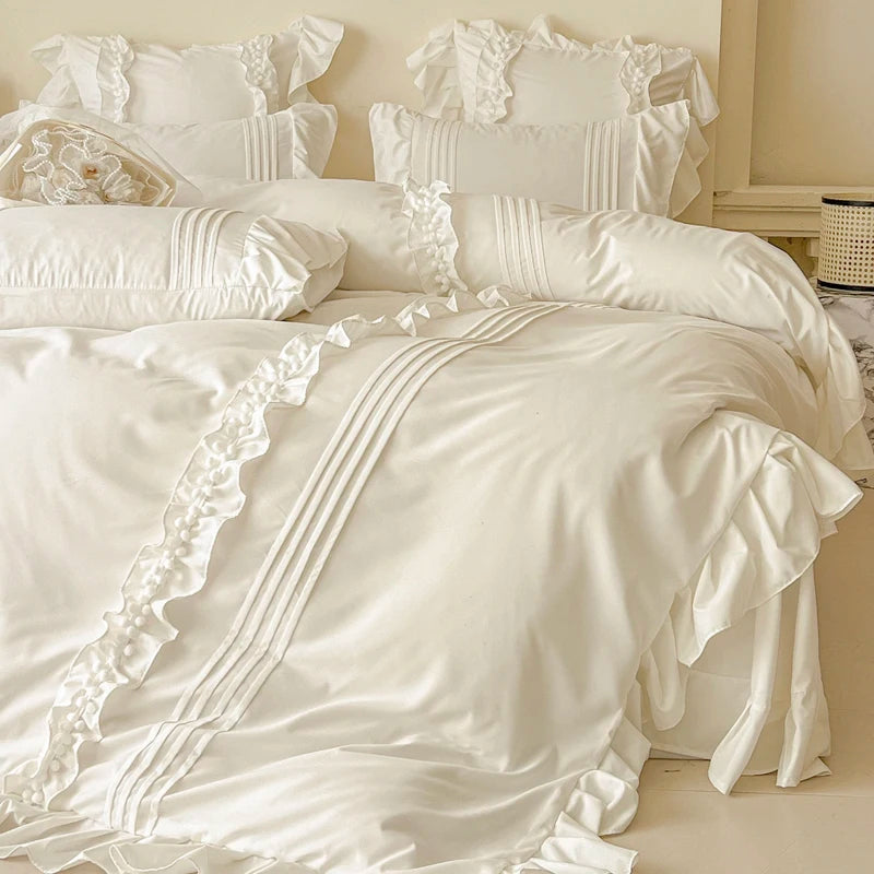 Korean Princess Style Lace Ruffles Bedding Set Solid Color Duvet Cover Set Flat/Fitted Bed Sheet Pillowcases With Pillowcases NEWFURNITURELOOKS
