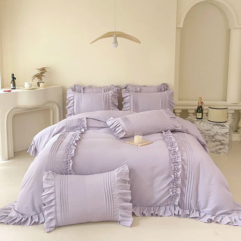Korean Princess Style Lace Ruffles Bedding Set Solid Color Duvet Cover Set Flat/Fitted Bed Sheet Pillowcases With Pillowcases NEWFURNITURELOOKS