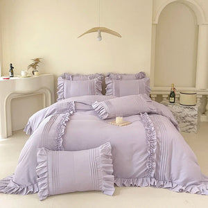 Korean Princess Style Lace Ruffles Bedding Set Solid Color Duvet Cover Set Flat/Fitted Bed Sheet Pillowcases With Pillowcases NEWFURNITURELOOKS