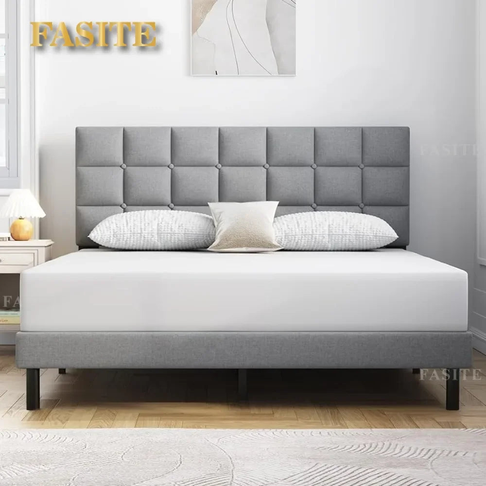 Queen Bed Frame Upholstered Platform With Headboard and Strong Wooden Slats Easy Assembly No Box Spring Needed Light Gray NEWFURNITURELOOKS
