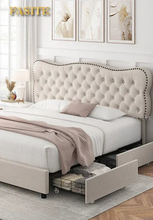 Large Platform Bed Frame with 54" High Wing Back Headboard and Deep Button Tufted Footboards, Cream Color NEWFURNITURELOOKS