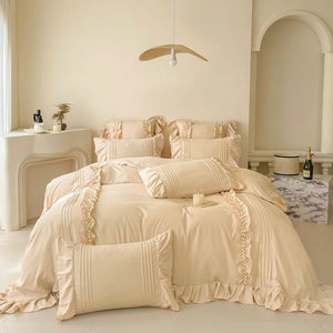 Korean Princess Style Lace Ruffles Bedding Set Solid Color Duvet Cover Set Flat/Fitted Bed Sheet Pillowcases With Pillowcases NEWFURNITURELOOKS