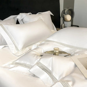 4Pcs Luxury 1000TC Egyptian Cotton White Hotel Style Bedding Set Hollow Wide Edge Duvet Cover Bed Sheet Fitted Sheet Pillowcases NEWFURNITURELOOKS