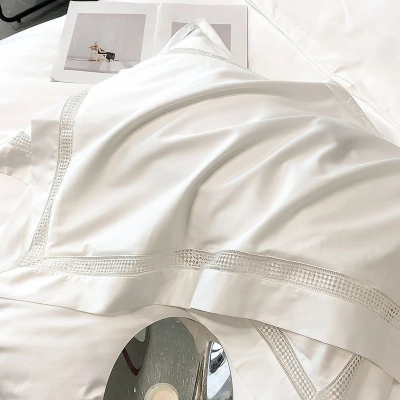 4Pcs Luxury 1000TC Egyptian Cotton White Hotel Style Bedding Set Hollow Wide Edge Duvet Cover Bed Sheet Fitted Sheet Pillowcases NEWFURNITURELOOKS
