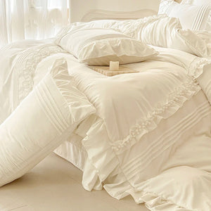 Korean Princess Style Lace Ruffles Bedding Set Solid Color Duvet Cover Set Flat/Fitted Bed Sheet Pillowcases With Pillowcases NEWFURNITURELOOKS