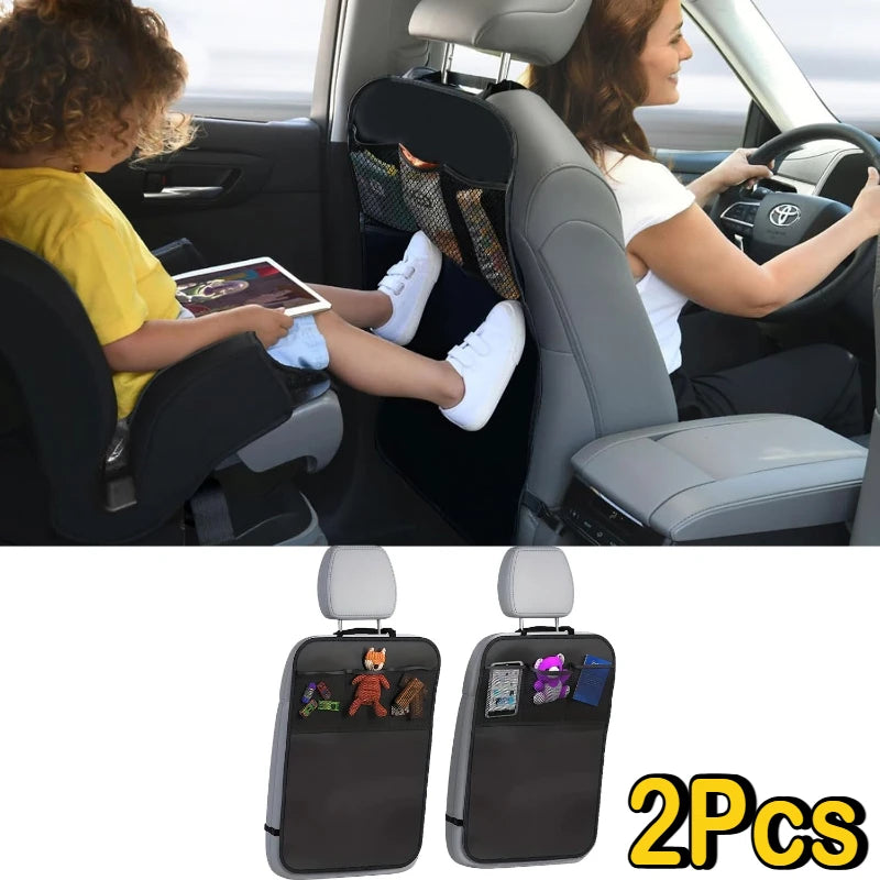 2Pcs Back Seat Cover for Kids + 3 Pocket Storage Organizer, Waterproof Kick Mats Backseat Protector, Car Seat Back Protectors NEWFURNITURELOOKS