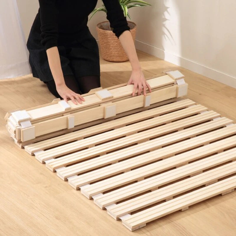 Japanese Style Wooden Roll-Up Slatted Bed – Traditional Tatami Platform Bed Frame, Foldable & Space-Saving Design, Natural Wood NEWFURNITURELOOKS