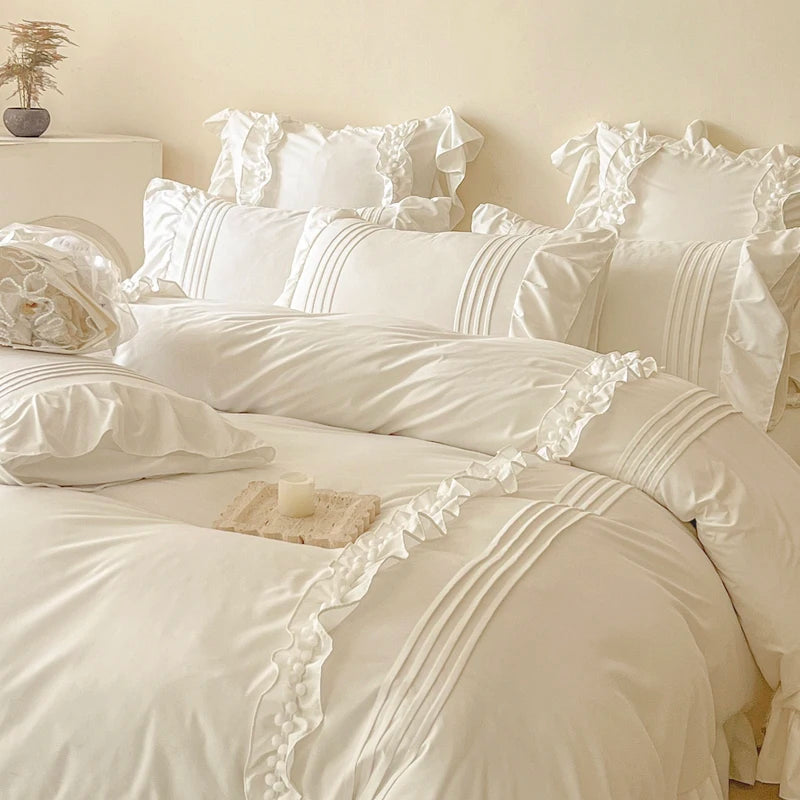 Korean Princess Style Lace Ruffles Bedding Set Solid Color Duvet Cover Set Flat/Fitted Bed Sheet Pillowcases With Pillowcases NEWFURNITURELOOKS