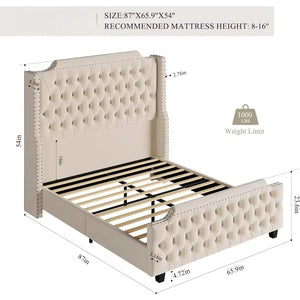Large Platform Bed Frame with 54" High Wing Back Headboard and Deep Button Tufted Footboards, Cream Color NEWFURNITURELOOKS