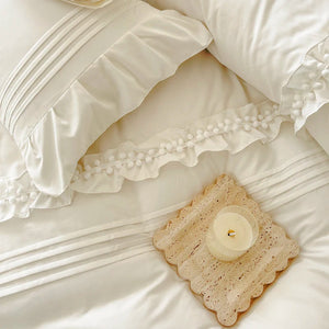 Korean Princess Style Lace Ruffles Bedding Set Solid Color Duvet Cover Set Flat/Fitted Bed Sheet Pillowcases With Pillowcases NEWFURNITURELOOKS