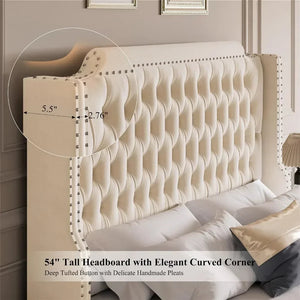 Large Platform Bed Frame with 54" High Wing Back Headboard and Deep Button Tufted Footboards, Cream Color NEWFURNITURELOOKS