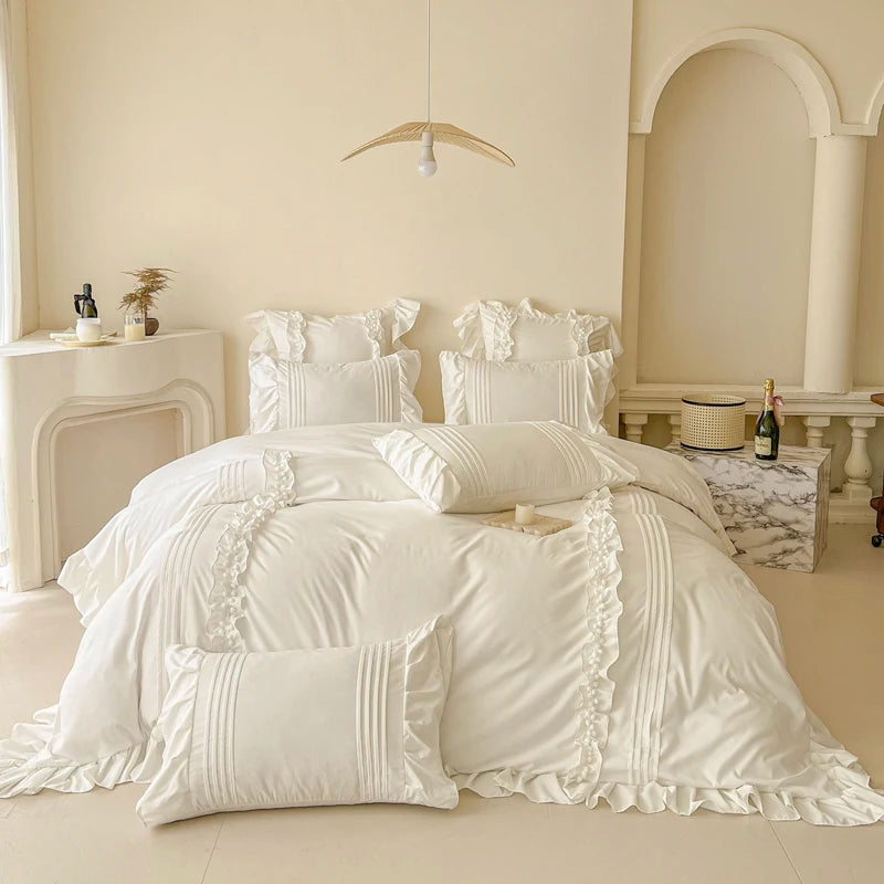 Korean Princess Style Lace Ruffles Bedding Set Solid Color Duvet Cover Set Flat/Fitted Bed Sheet Pillowcases With Pillowcases NEWFURNITURELOOKS
