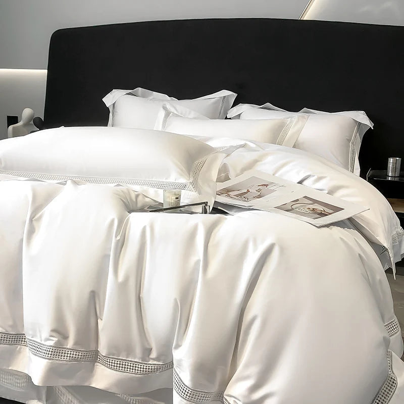 4Pcs Luxury 1000TC Egyptian Cotton White Hotel Style Bedding Set Hollow Wide Edge Duvet Cover Bed Sheet Fitted Sheet Pillowcases NEWFURNITURELOOKS