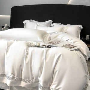 4Pcs Luxury 1000TC Egyptian Cotton White Hotel Style Bedding Set Hollow Wide Edge Duvet Cover Bed Sheet Fitted Sheet Pillowcases NEWFURNITURELOOKS