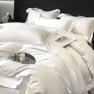 4Pcs Luxury 1000TC Egyptian Cotton White Hotel Style Bedding Set Hollow Wide Edge Duvet Cover Bed Sheet Fitted Sheet Pillowcases NEWFURNITURELOOKS