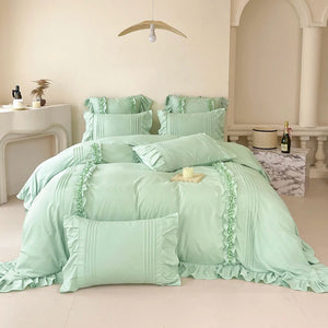 Korean Princess Style Lace Ruffles Bedding Set Solid Color Duvet Cover Set Flat/Fitted Bed Sheet Pillowcases With Pillowcases NEWFURNITURELOOKS
